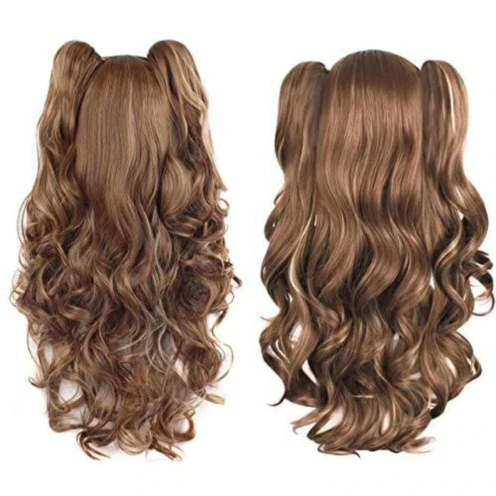 Long Curly Brown Cosplay Wig with Detachable Pigtails‎ and Bangs Anime Style